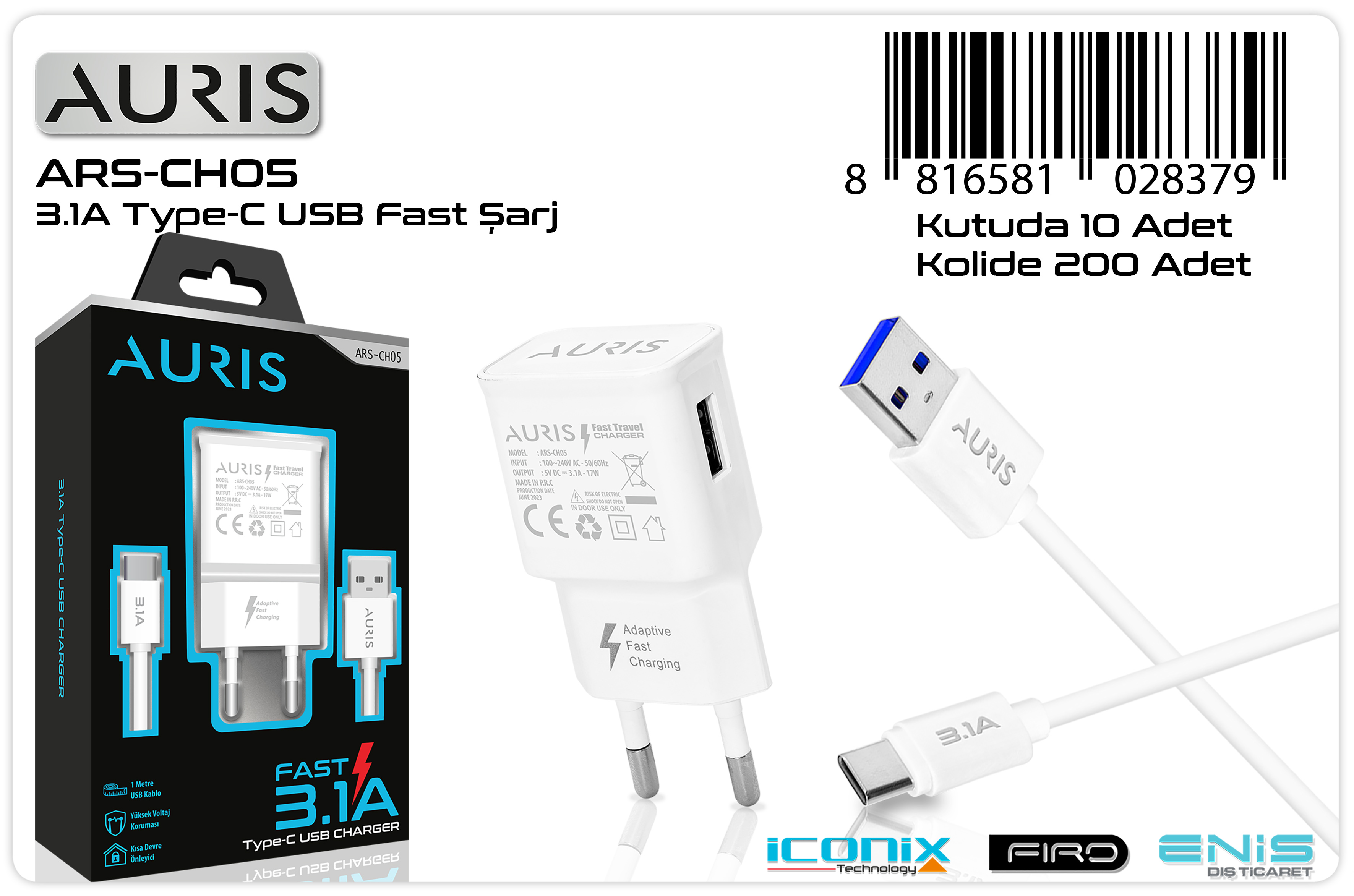 AURİS CH05 Type-C Hızlı Şarj Seti 3-1A USB-C Kablo Dahil
